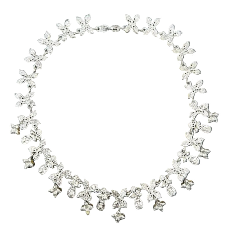 1960s Silver-Tone Floral Necklace with Light & Dark Blue Rhinestones