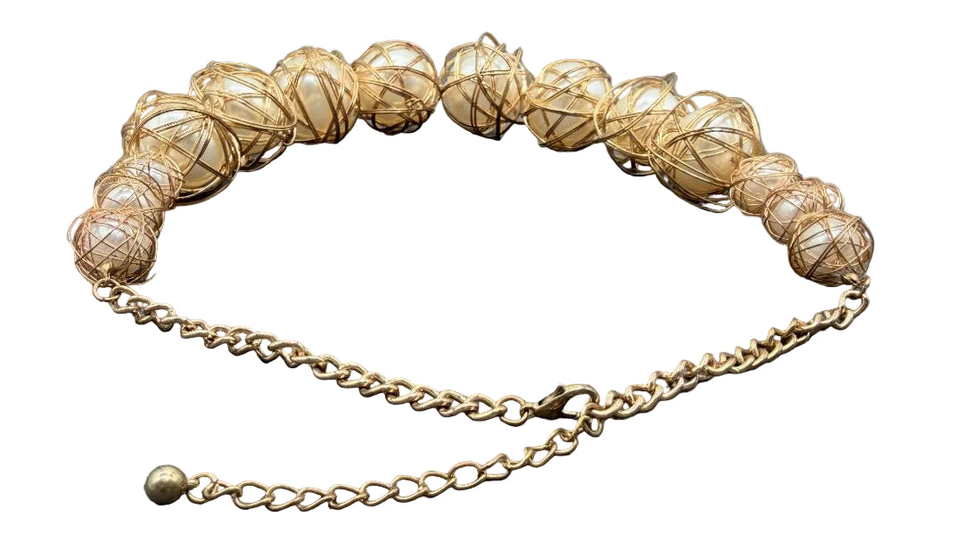 1990s Chunky Faux Pearl & Gold-Tone Wire Cage Graduated Statement Necklace