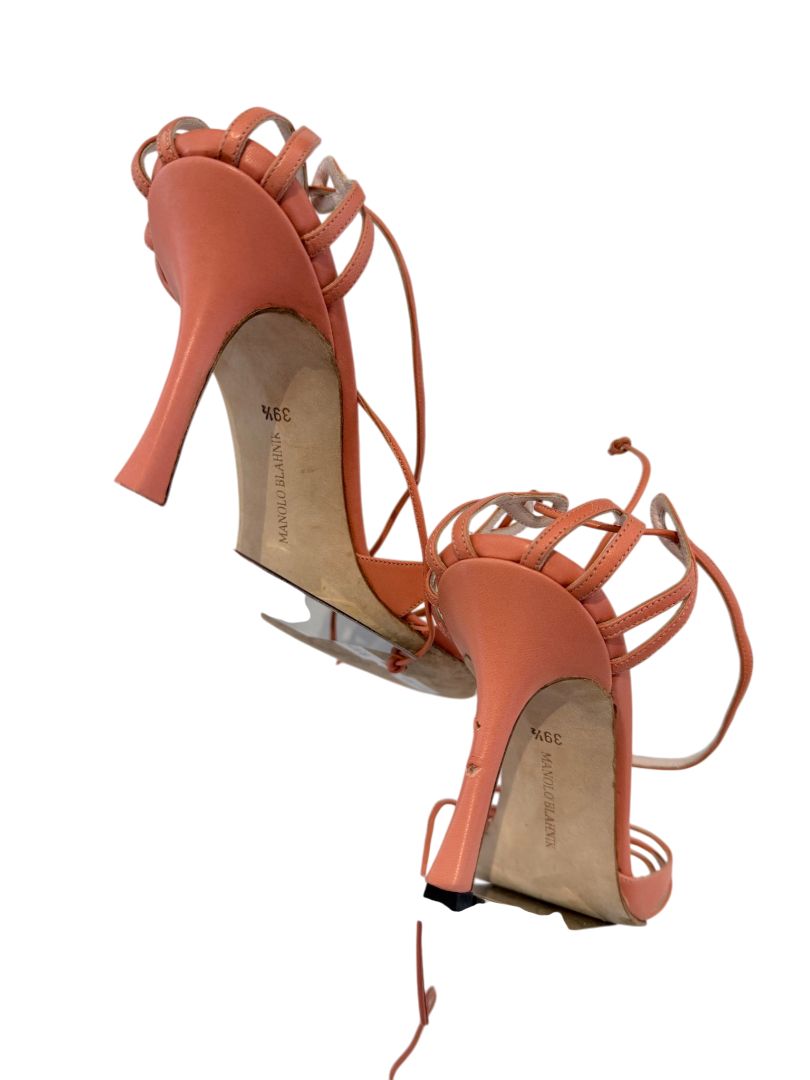Manolo Blahnik Coral Leather Strappy Open-Toe Heels