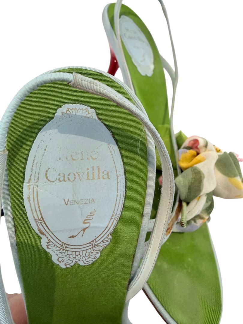 René Caovilla Pale Blue Strappy Heels with Silk Floral Rosettes