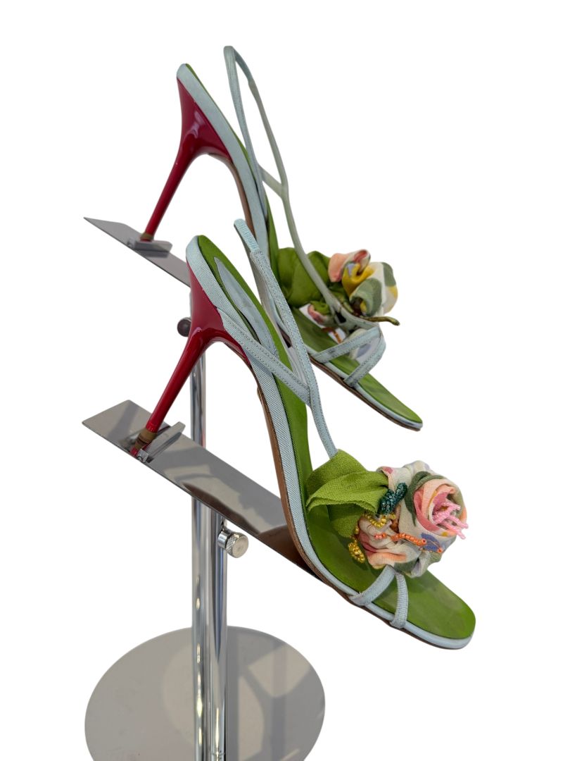 René Caovilla Pale Blue Strappy Heels with Silk Floral Rosettes