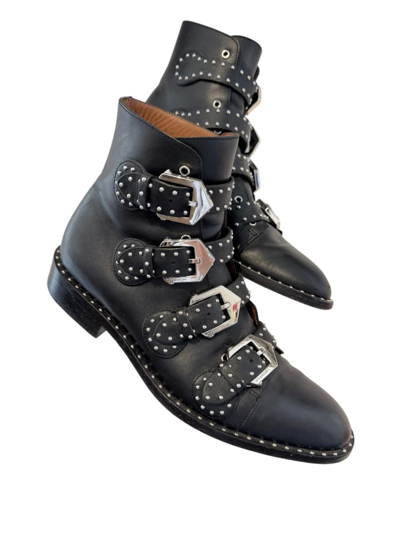 Givenchy Black Leather Studded Quad Buckle Boots