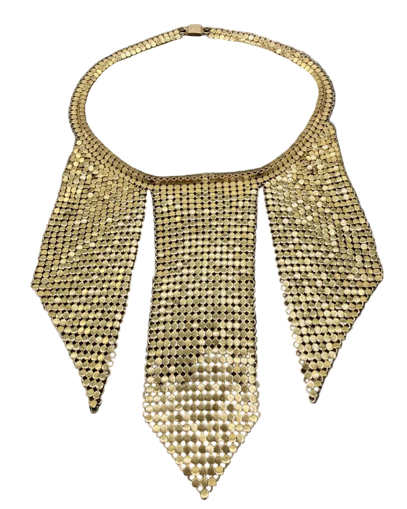 1950s Whiting & Davis Gold-Tone Chain Mail Three-Panel Bib Necklace