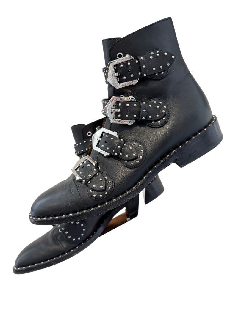 Givenchy Black Leather Studded Quad Buckle Boots
