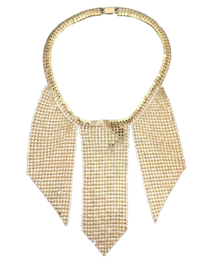 1950s Whiting & Davis Gold-Tone Chain Mail Three-Panel Bib Necklace