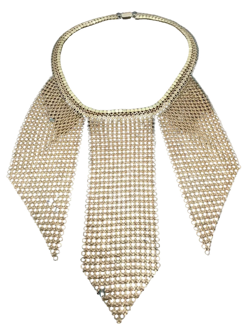 1950s Whiting & Davis Gold-Tone Chain Mail Three-Panel Bib Necklace