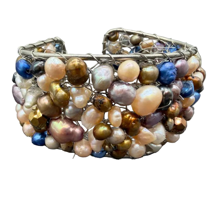 1990s Silver-Tone Cuff Bracelet with Mixed-Color Genuine Pearls