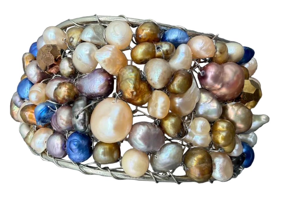 1990s Silver-Tone Cuff Bracelet with Mixed-Color Genuine Pearls