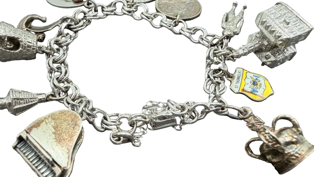1960s ELCO Sterling Silver Charm Bracelet with 11 Charms