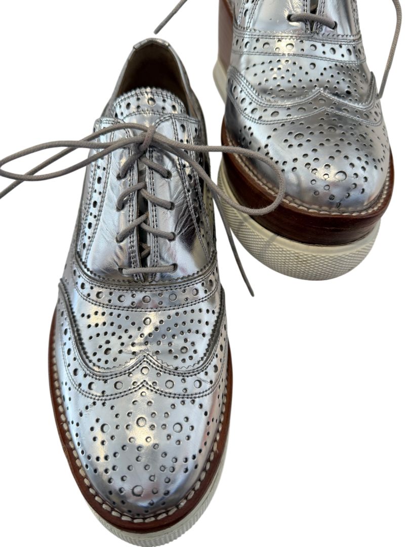 Miu Miu Silver Leather Wingtip Platform Lace-Up Loafers