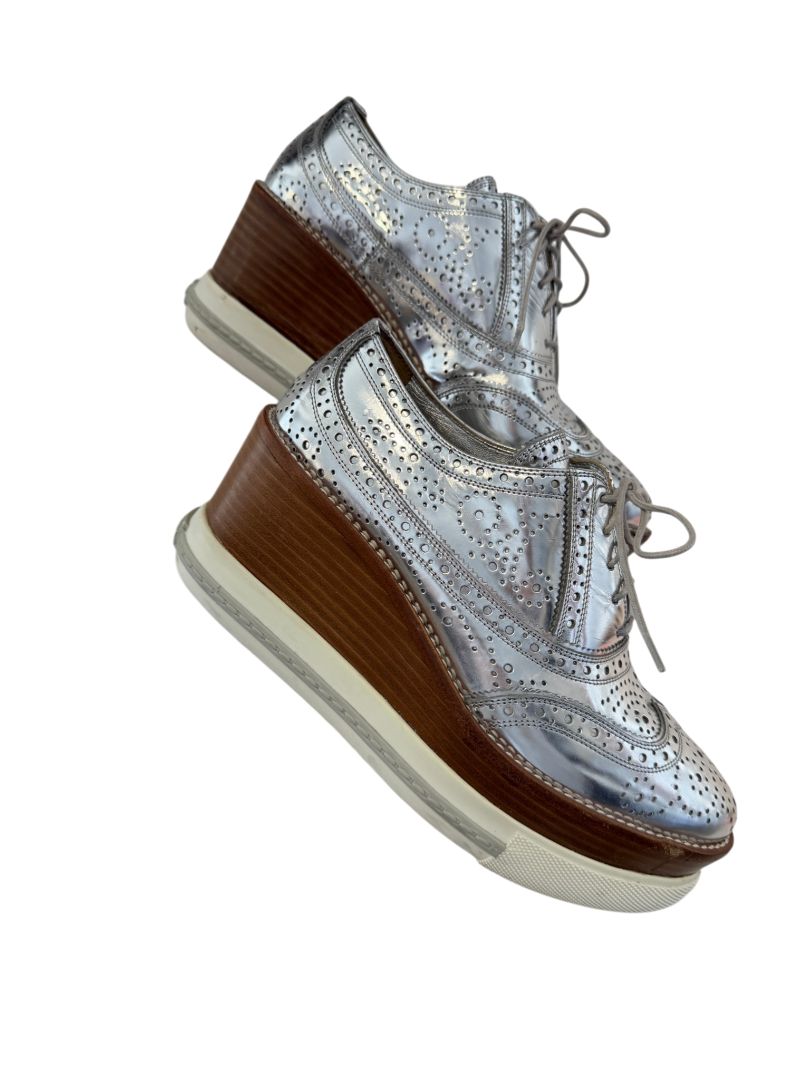 Miu Miu Silver Leather Wingtip Platform Lace-Up Loafers