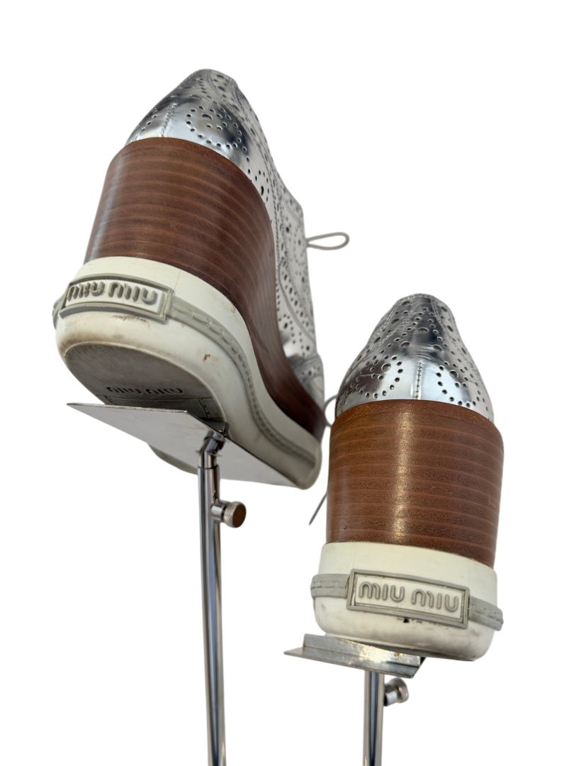Miu Miu Silver Leather Wingtip Platform Lace-Up Loafers