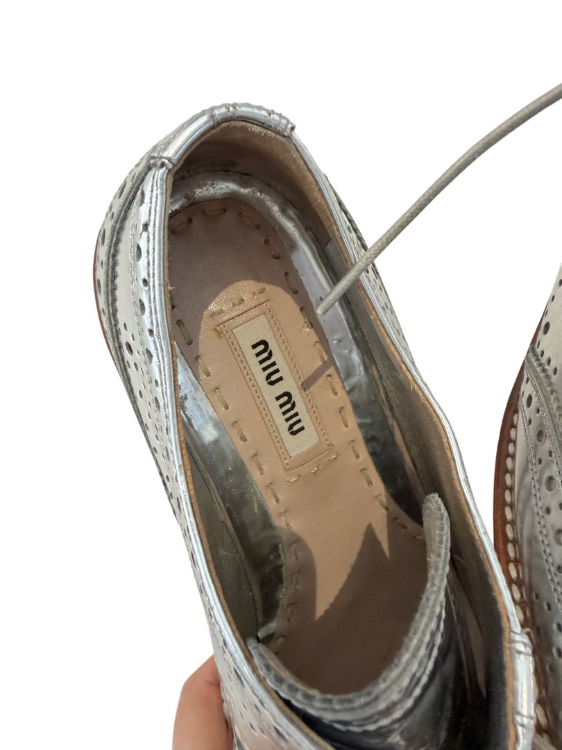 Miu Miu Silver Leather Wingtip Platform Lace-Up Loafers