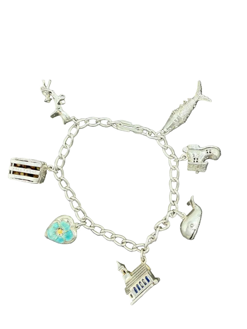 1980s Sterling Silver Charm Bracelet with 7 Charms