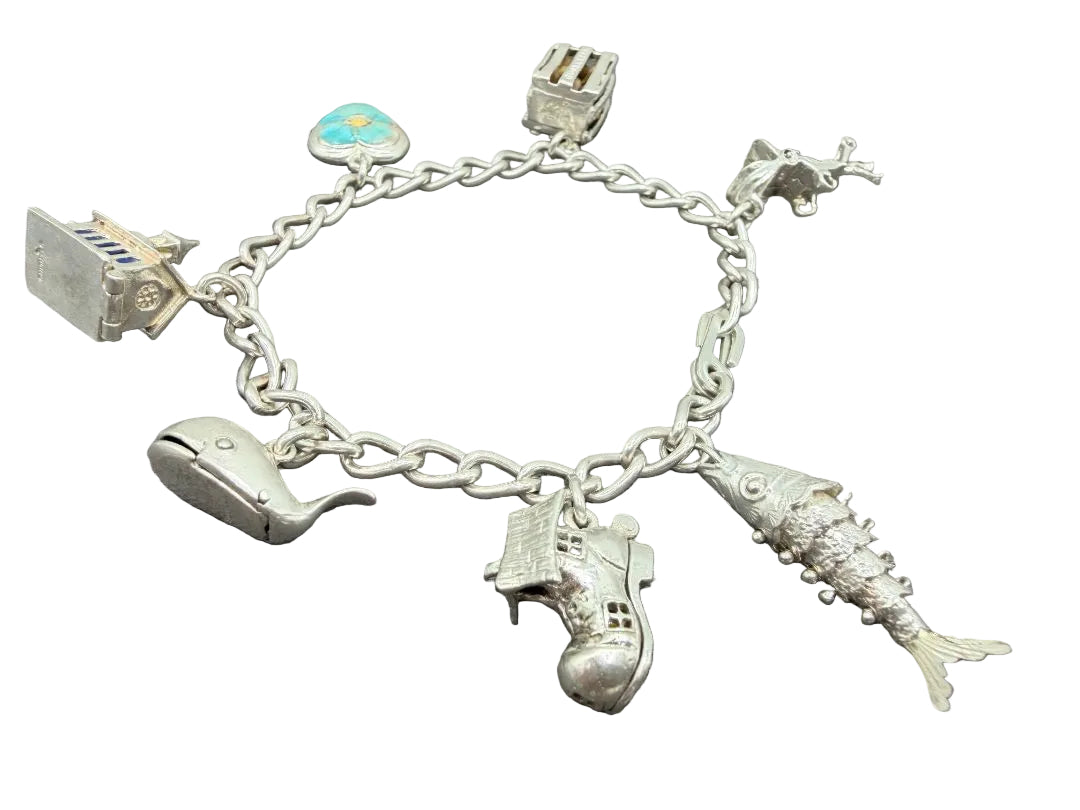 1980s Sterling Silver Charm Bracelet with 7 Charms