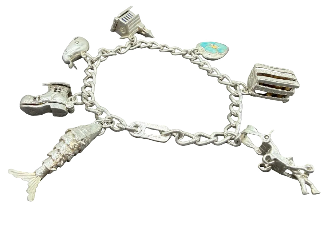 1980s Sterling Silver Charm Bracelet with 7 Charms