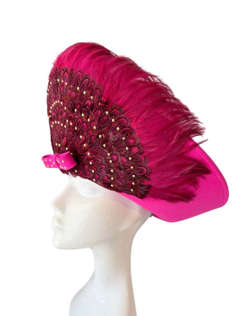 1960s Mr. John Fuchsia Halo Hat with Feather Crown, Gold Studs & Front Bow