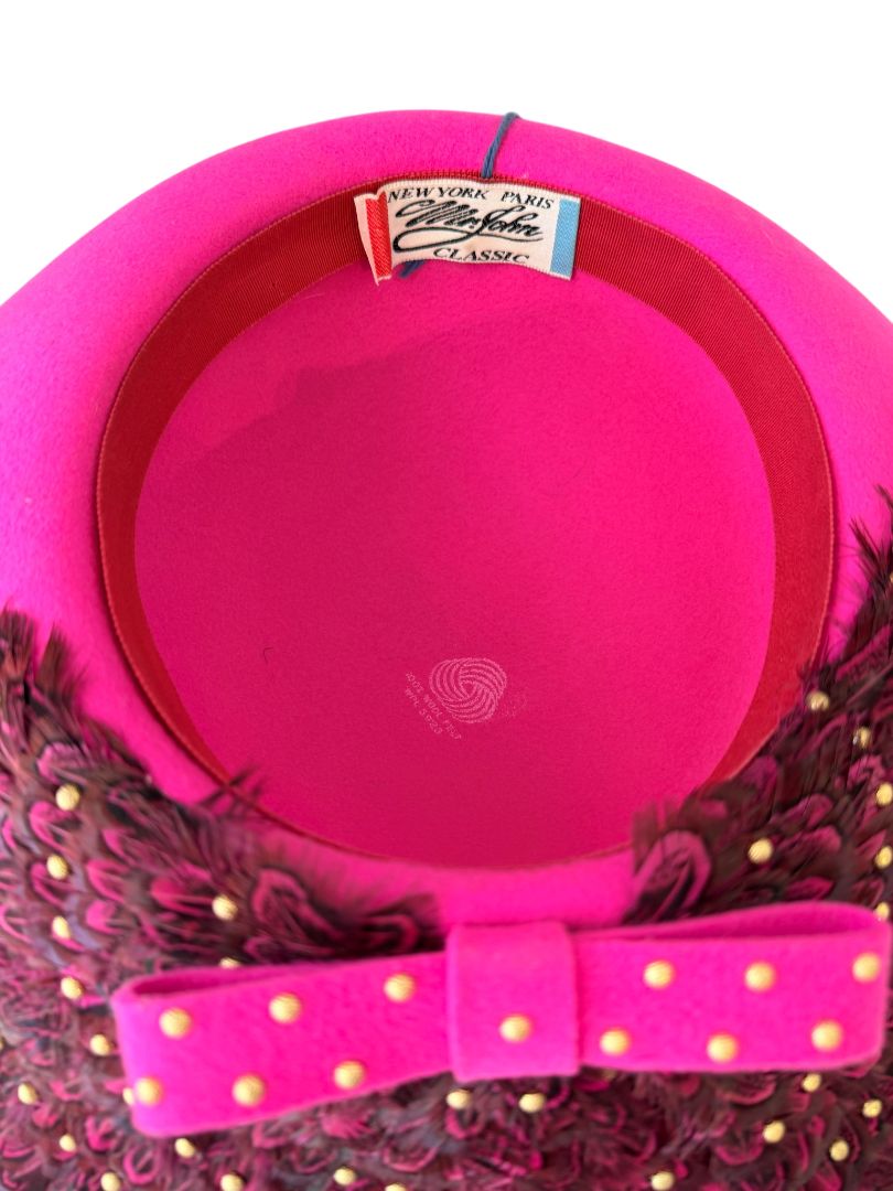1960s Mr. John Fuchsia Halo Hat with Feather Crown, Gold Studs & Front Bow