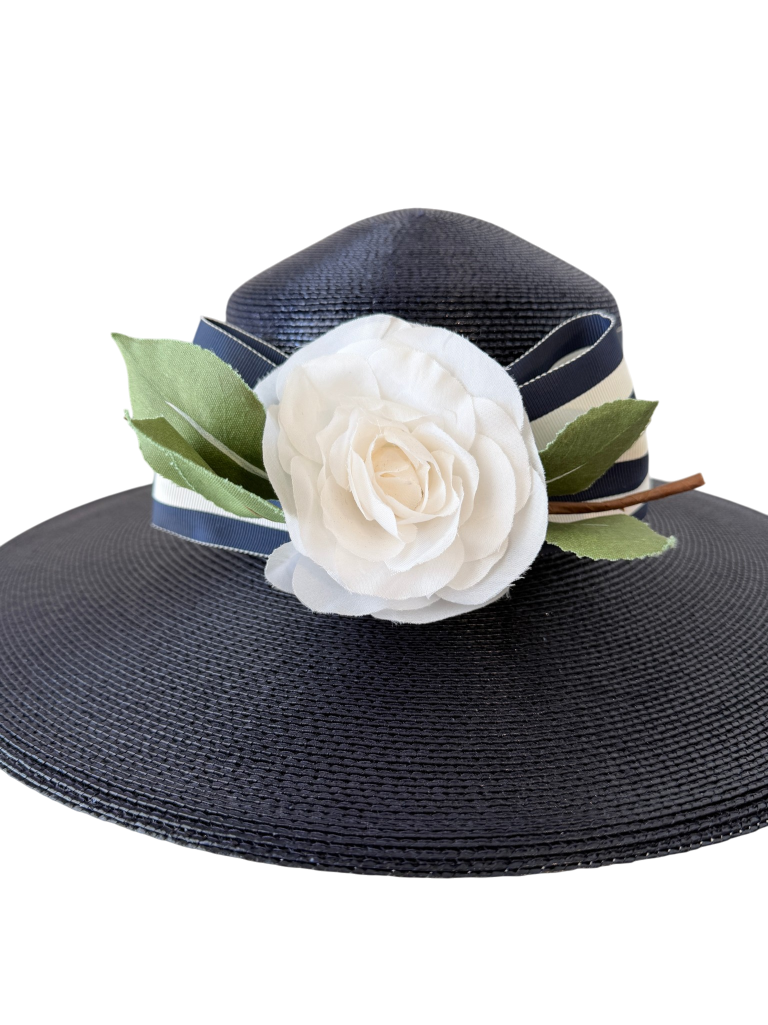 1980s Frank Olive Navy Straw Hat with Grosgrain Ribbon and Silk Rose (Private Collection)