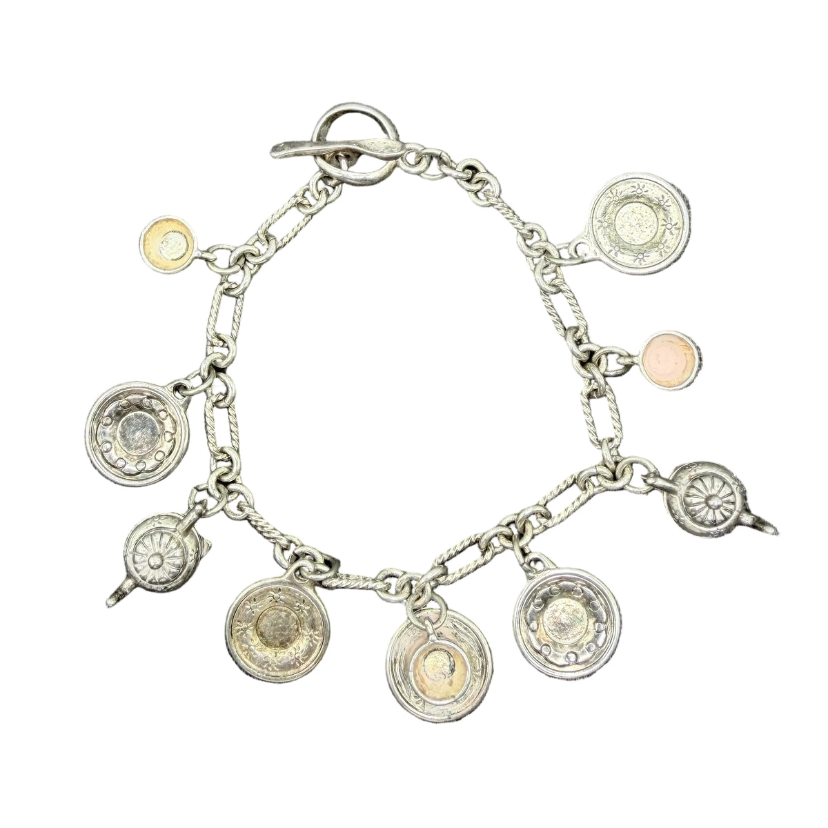 1980s Sterling Silver Charm Bracelet with 9 Cup & Saucer Charms