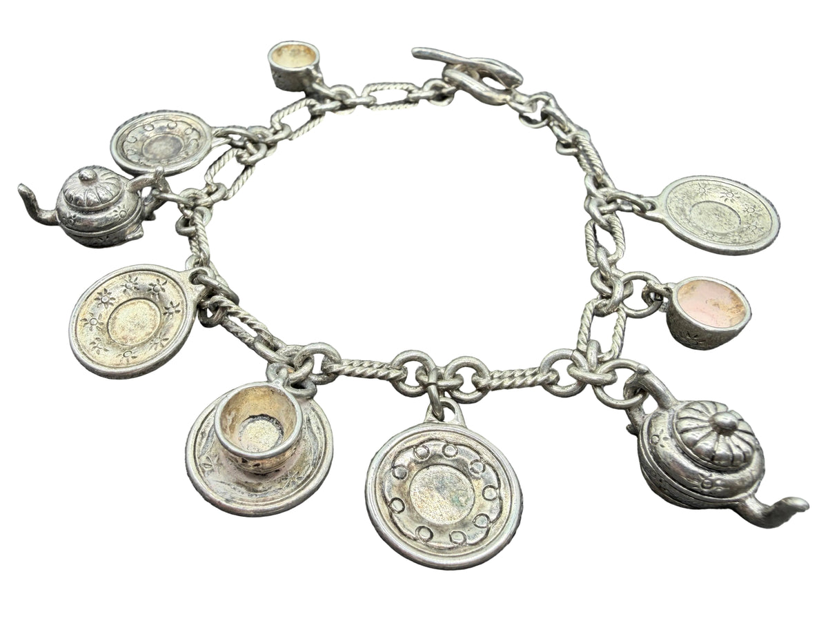 1980s Sterling Silver Charm Bracelet with 9 Cup & Saucer Charms