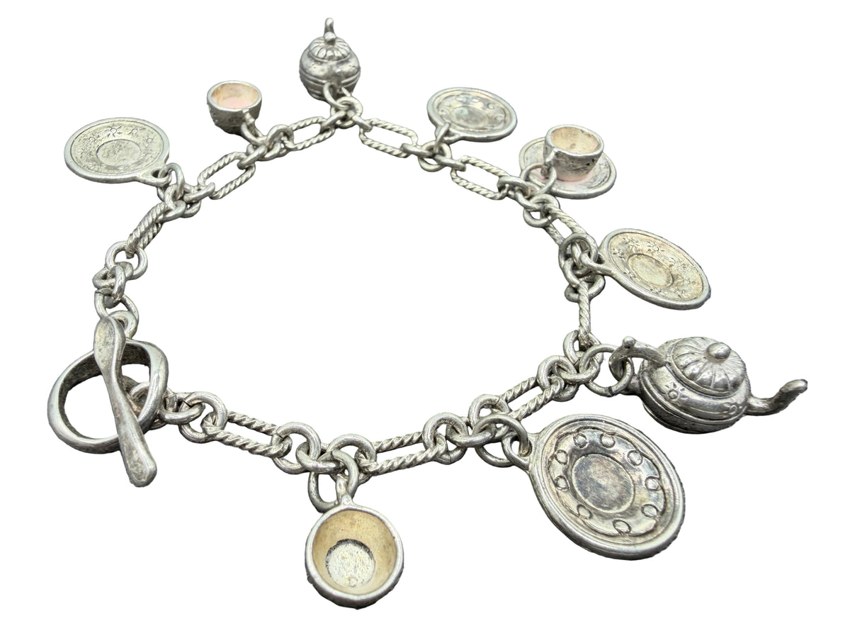 1980s Sterling Silver Charm Bracelet with 9 Cup & Saucer Charms