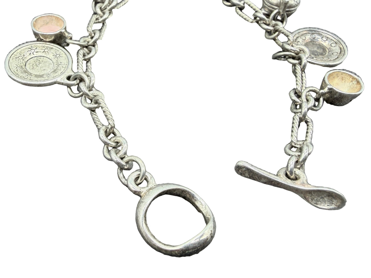 1980s Sterling Silver Charm Bracelet with 9 Cup & Saucer Charms