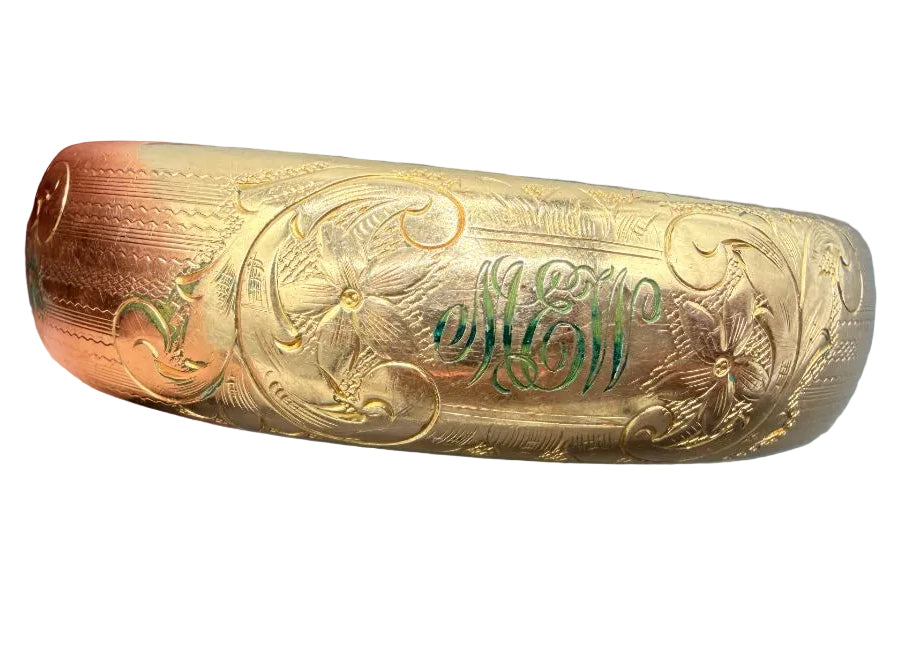 1930s M.S. Company Gold-Plated Hinged Bangle Bracelet with Floral Scroll Engravings & MEW Monogram