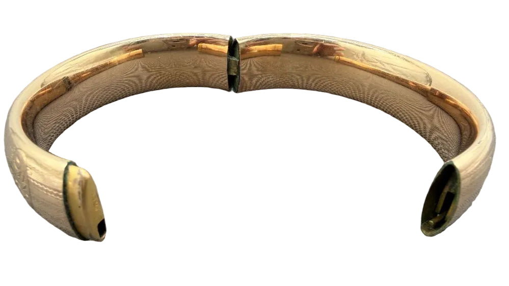 1930s M.S. Company Gold-Plated Hinged Bangle Bracelet with Floral Scroll Engravings & MEW Monogram