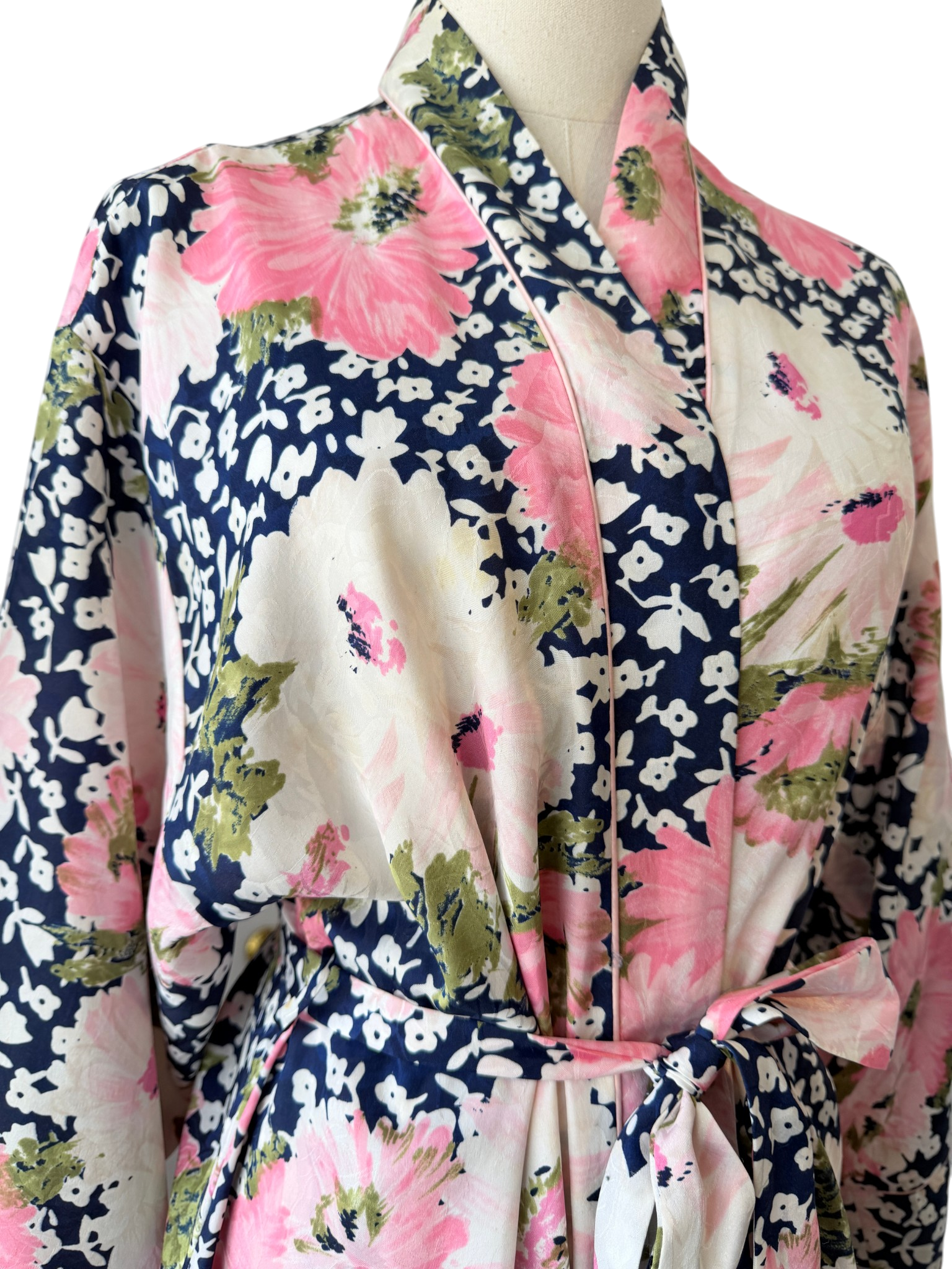 1970s Christian Dior Navy Floral Robe with Pink & White Print
