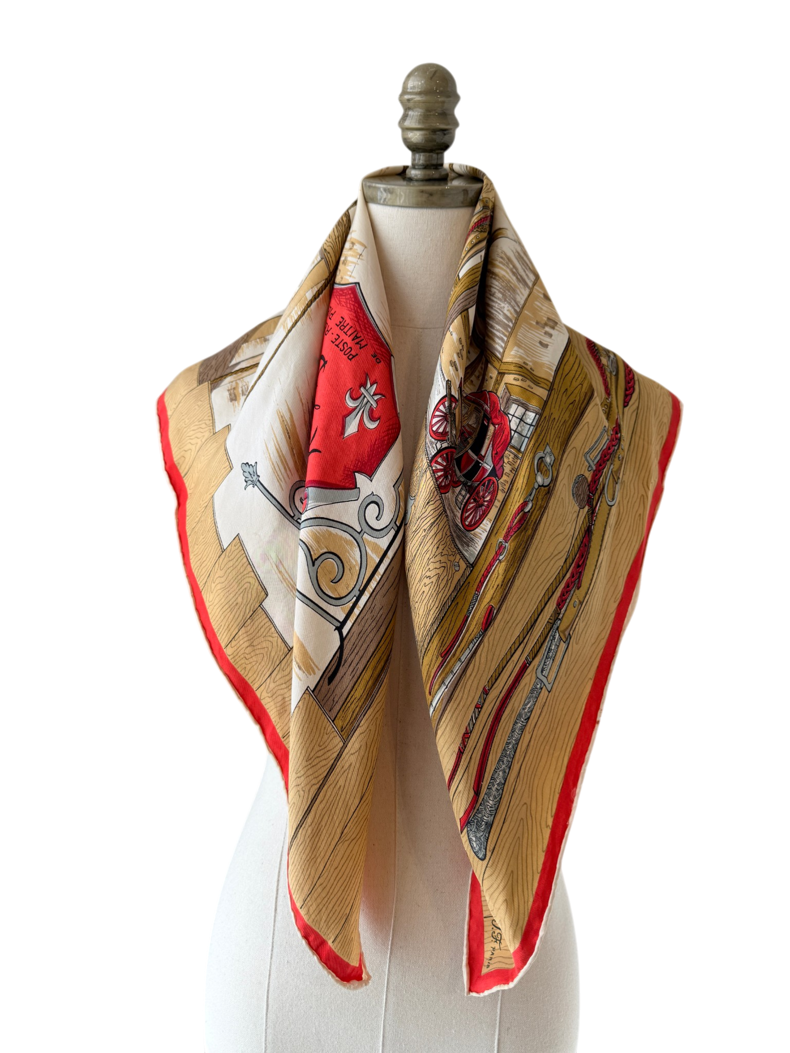 1950s Hermès “Au Lys d’Argent Poste-Relais” Silk Scarf by Maître Pierre