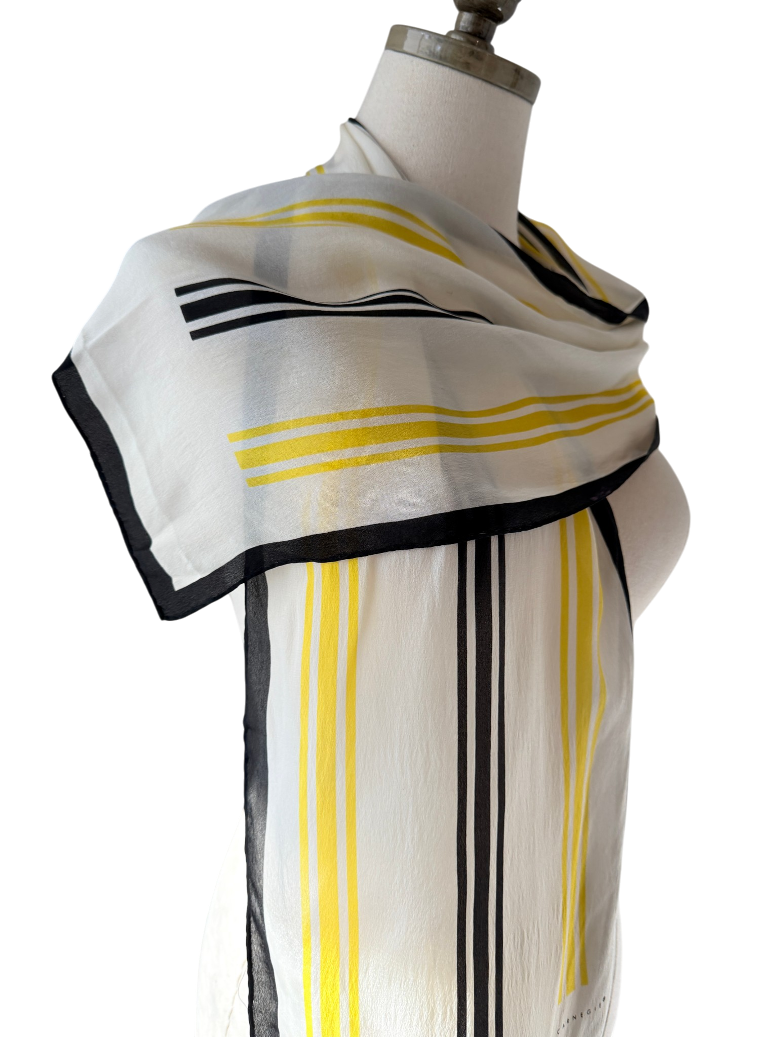 1970s Hattie Carnegie Ivory Oblong Scarf with Black & Yellow Detail