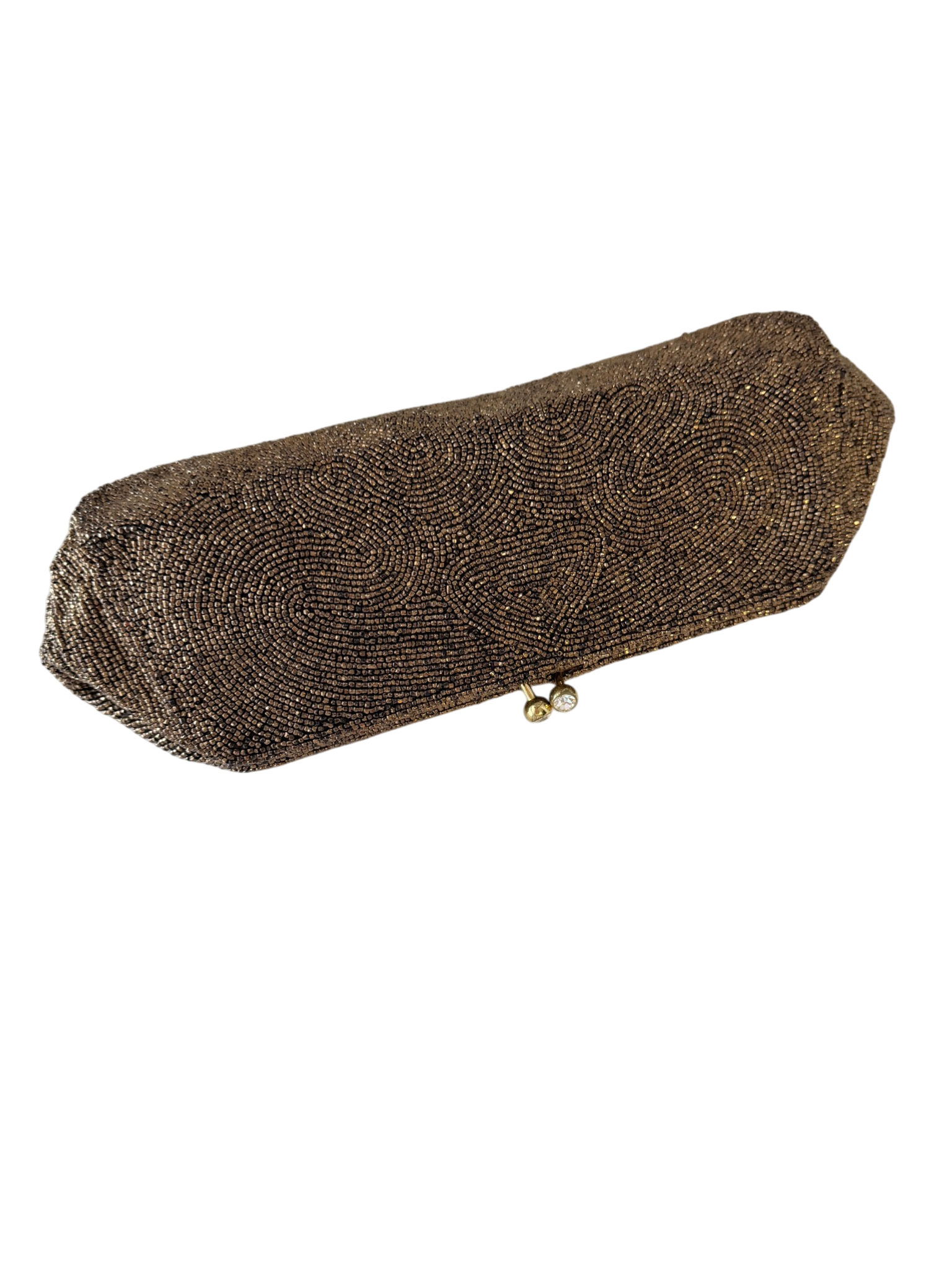 1950s Walborg Bronze Beaded Clutch with Rhinestone Clasp