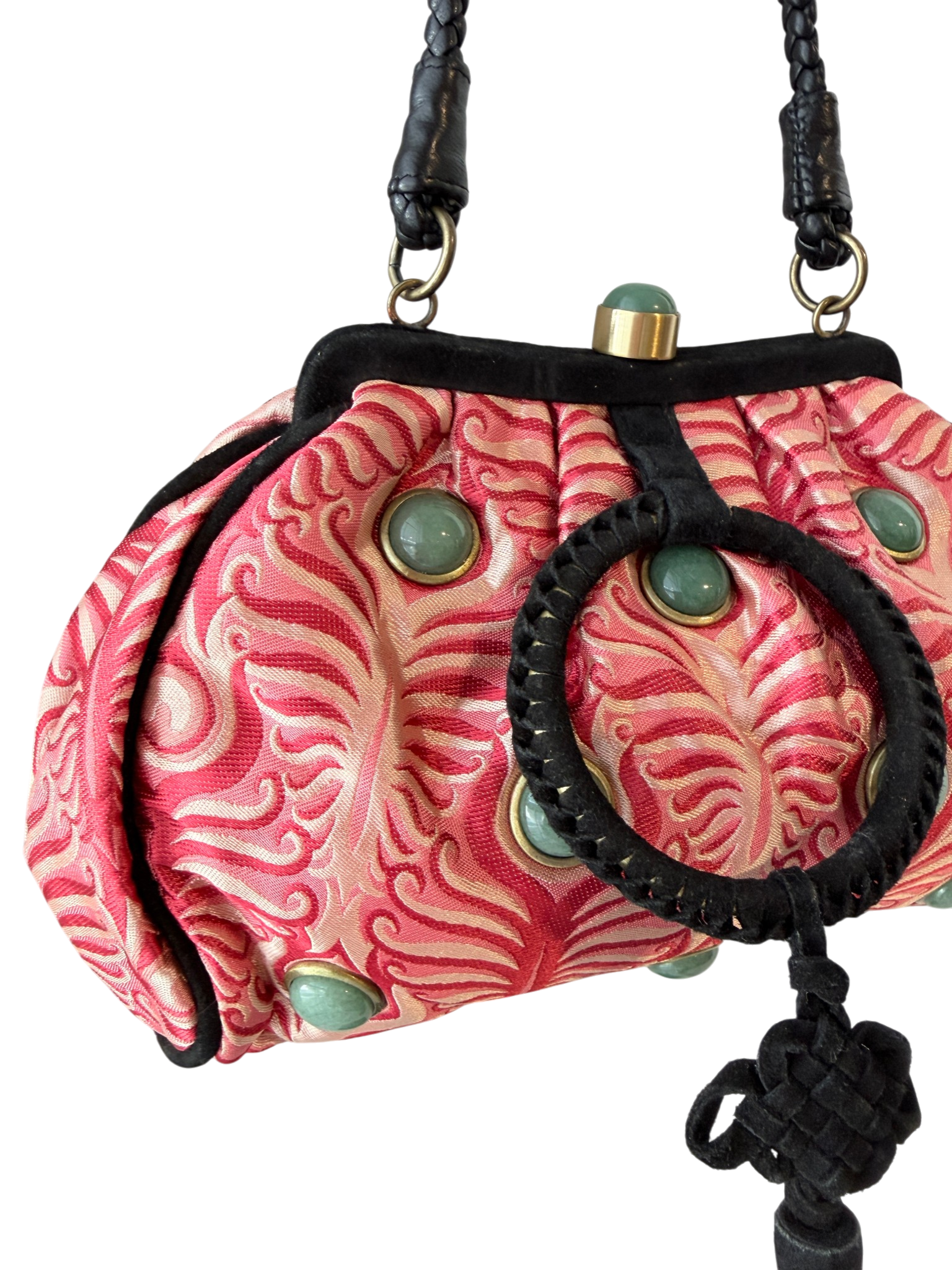 1990s Shanghai Tang Brocade Purse with Genuine Jade Cabochon and Tassel Detail