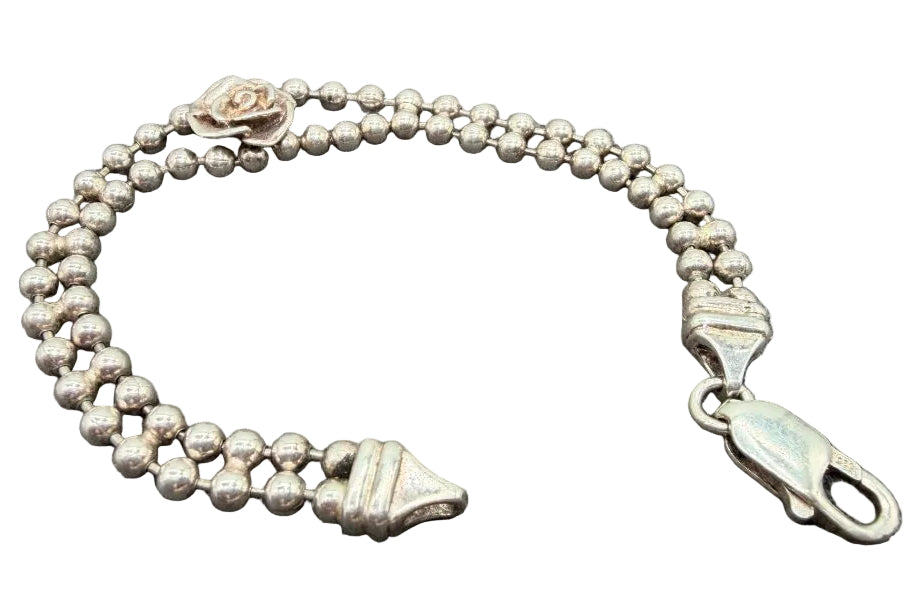 1960s Sterling Silver Double Ball Chain Bracelet with Carved Rose Centerpiece