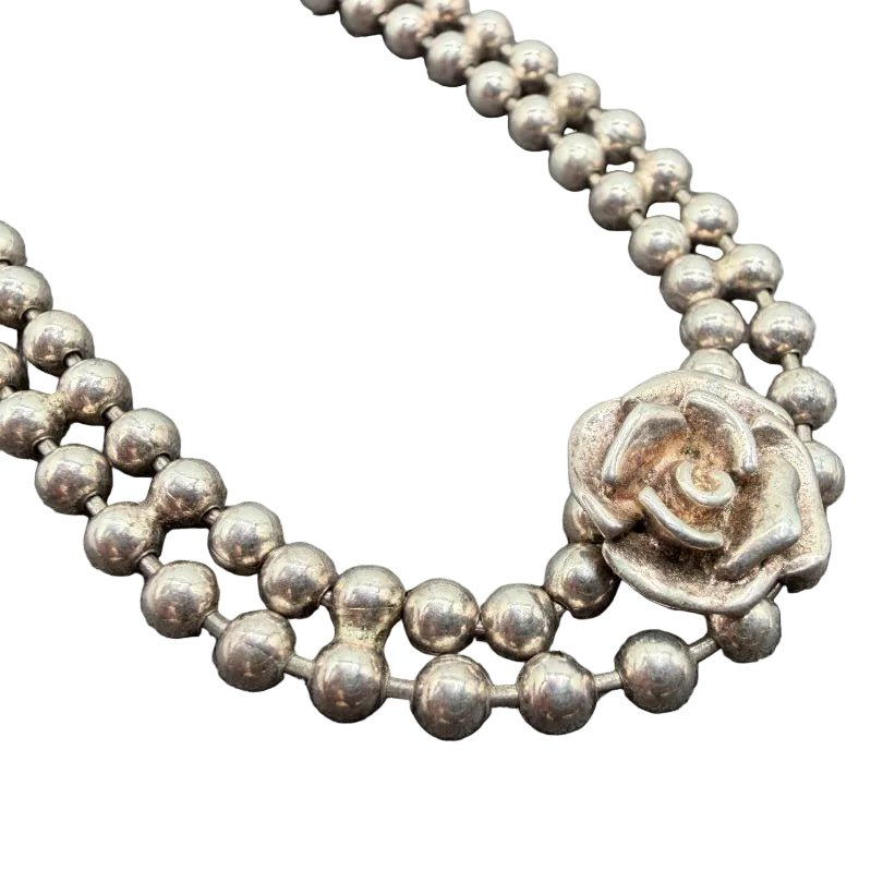 1960s Sterling Silver Double Ball Chain Bracelet with Carved Rose Centerpiece