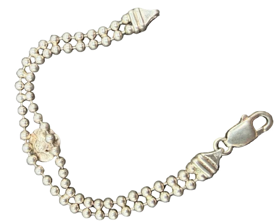 1960s Sterling Silver Double Ball Chain Bracelet with Carved Rose Centerpiece
