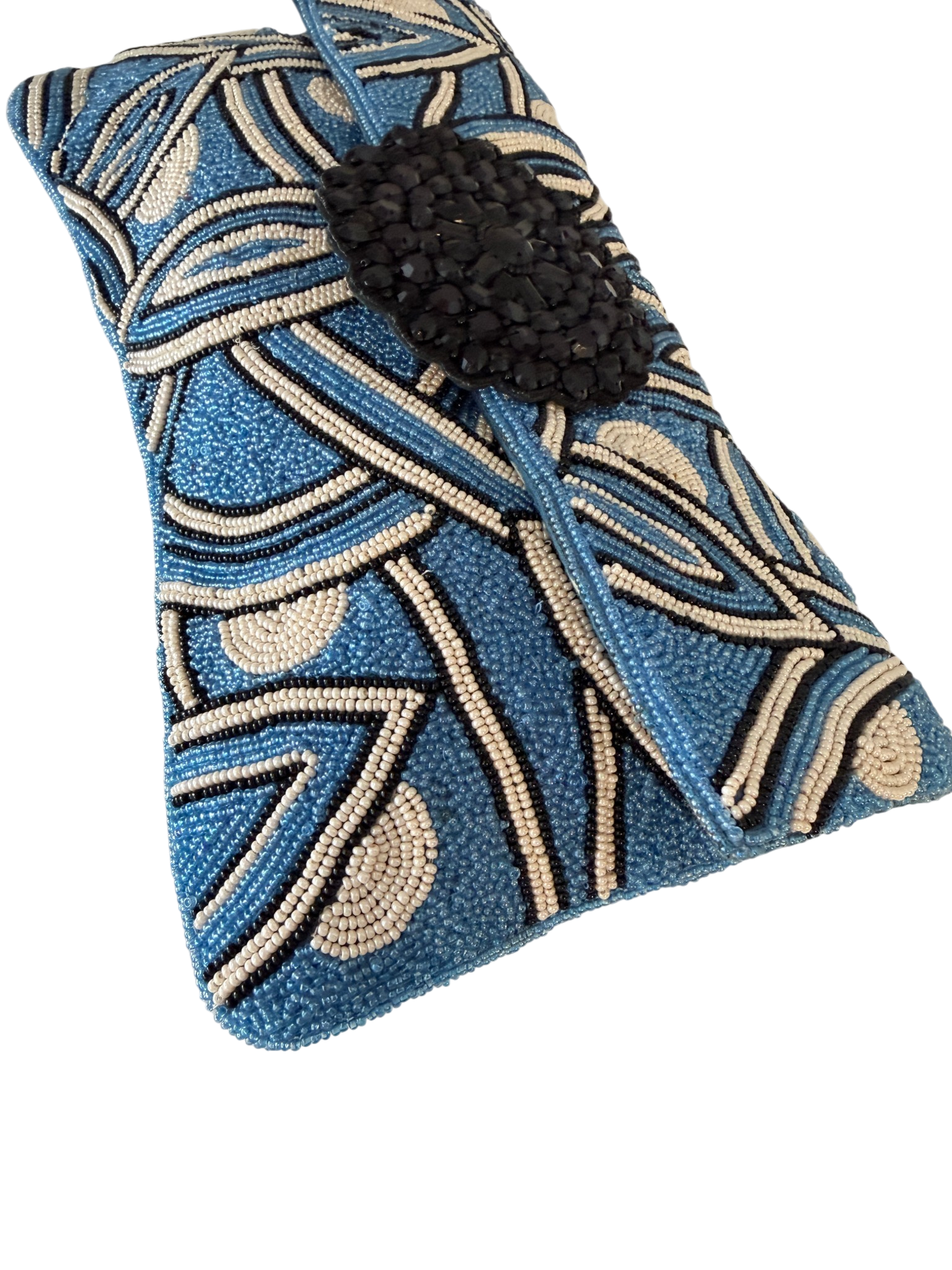 Roberta Freymann Blue & White Beaded Flap Clutch with Black Medallion