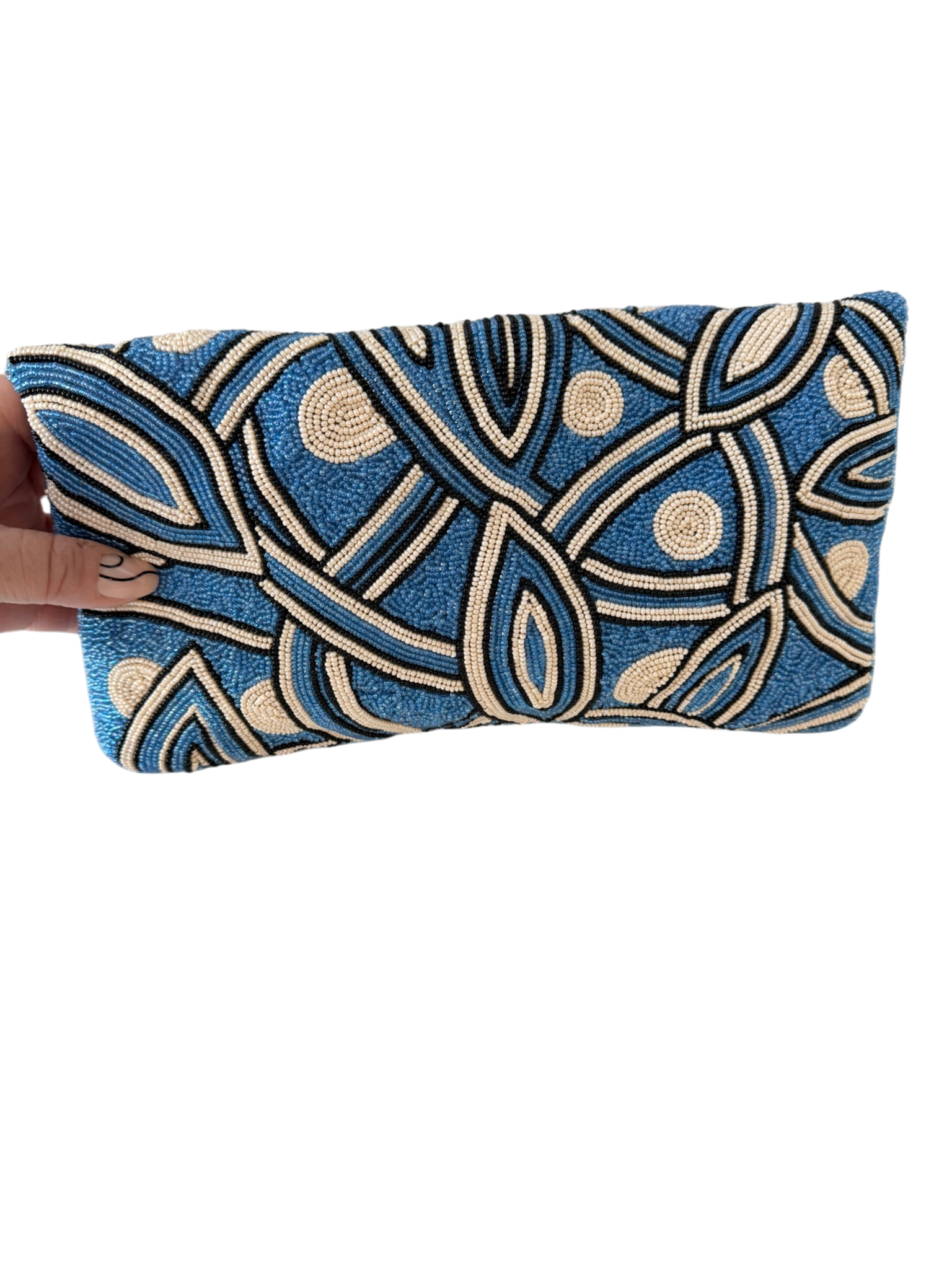 Roberta Freymann Blue & White Beaded Flap Clutch with Black Medallion