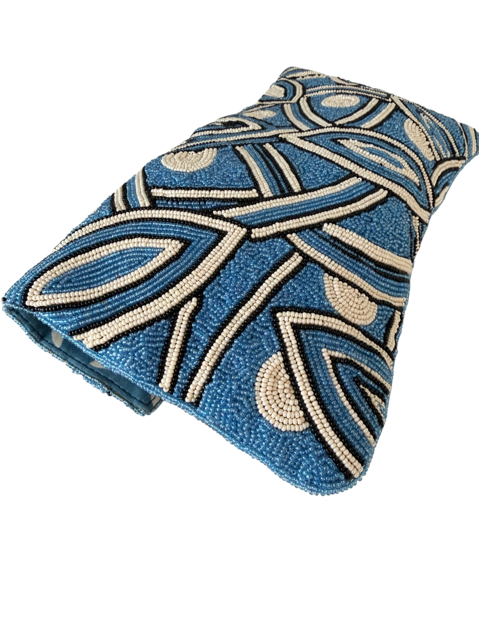 Roberta Freymann Blue & White Beaded Flap Clutch with Black Medallion