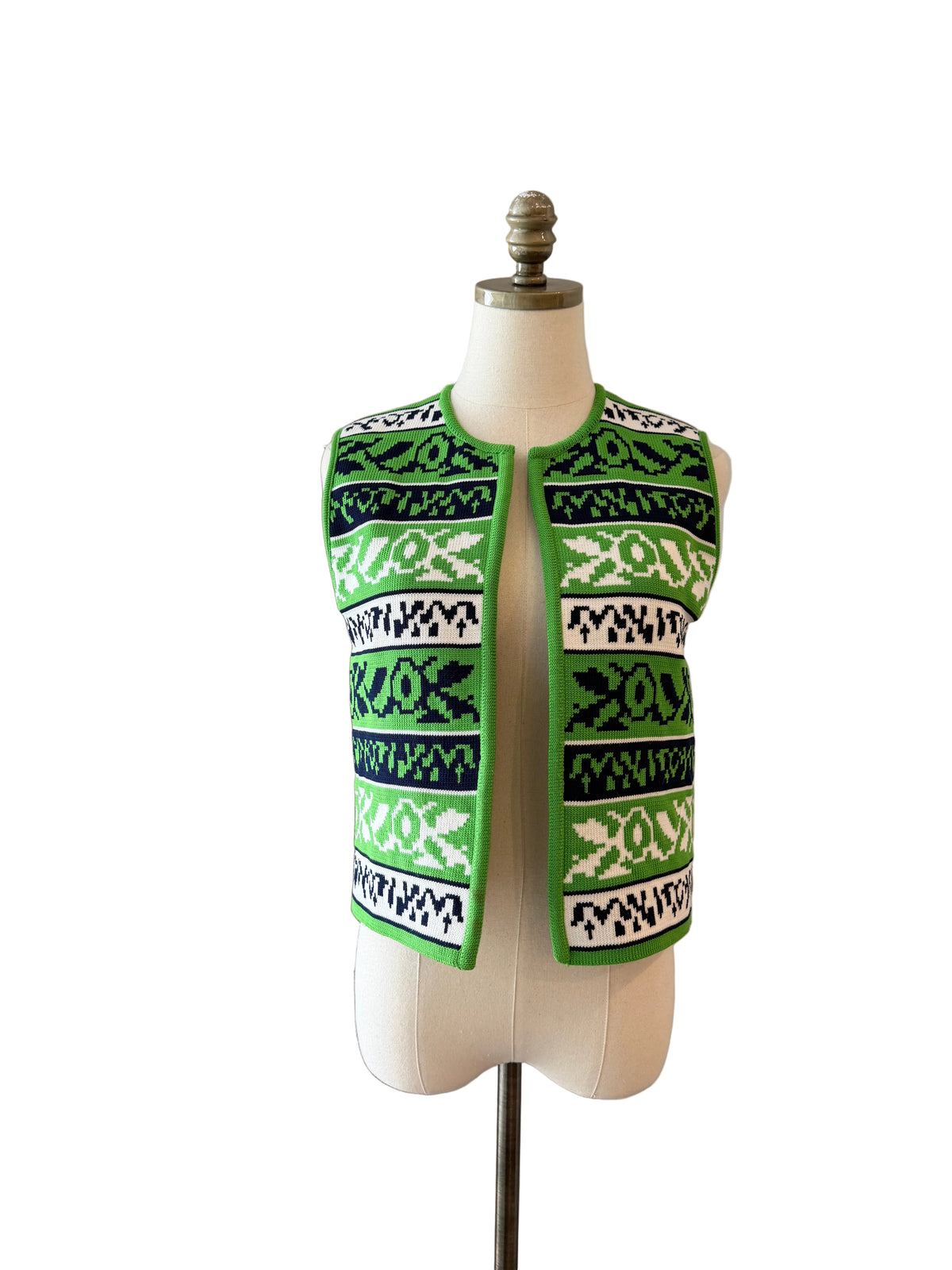 1970s Geometric Striped Polyester Knit Open-Front Short Vest
