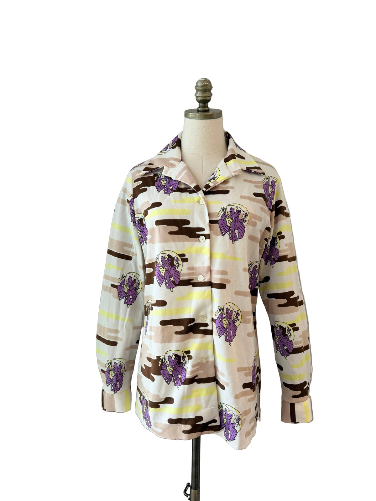 1970s Pierrot Novelty Print Button-Front Blouse with Dagger Collar
