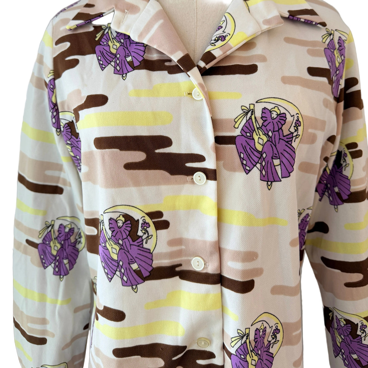 1970s Pierrot Novelty Print Button-Front Blouse with Dagger Collar