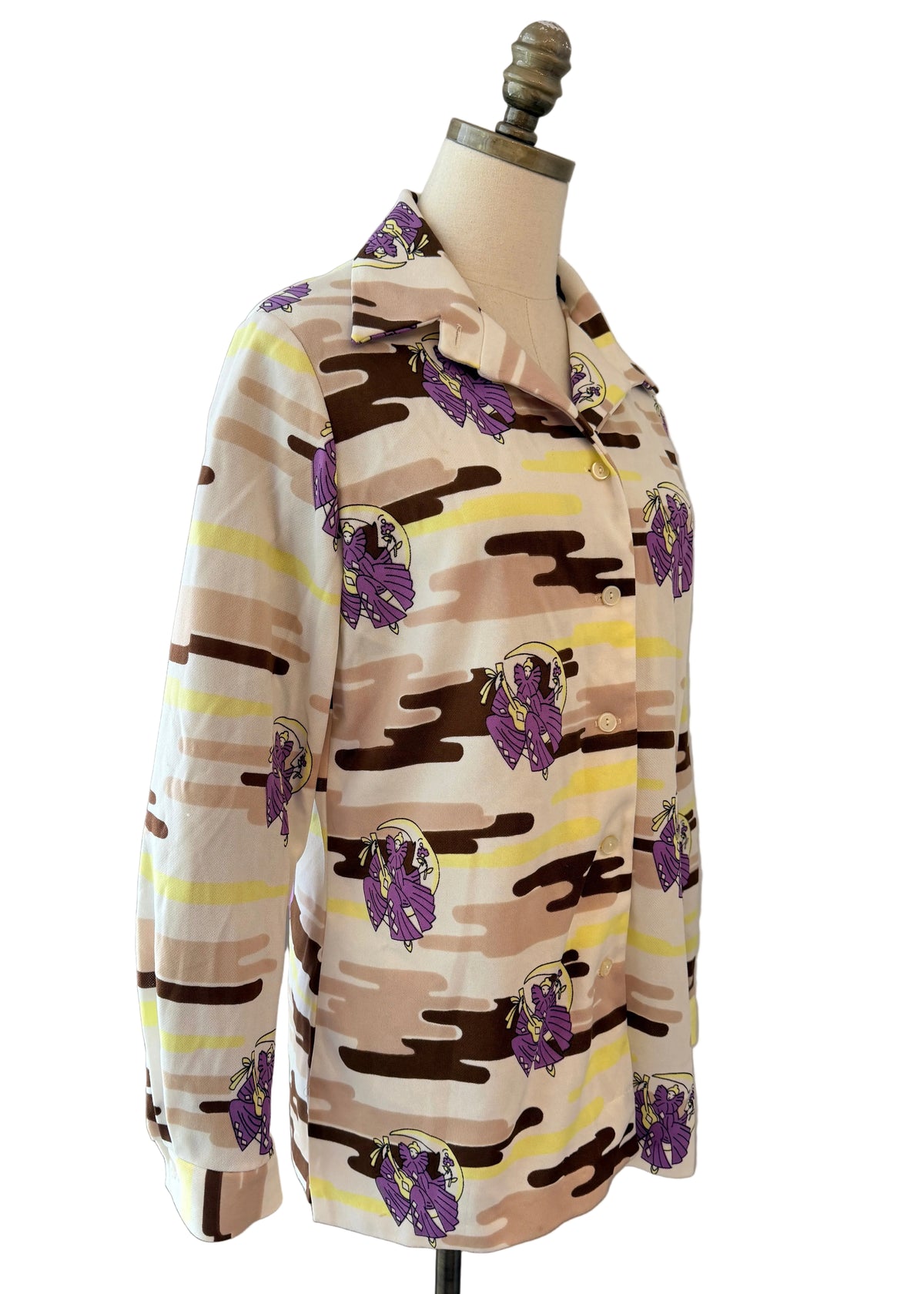 1970s Pierrot Novelty Print Button-Front Blouse with Dagger Collar