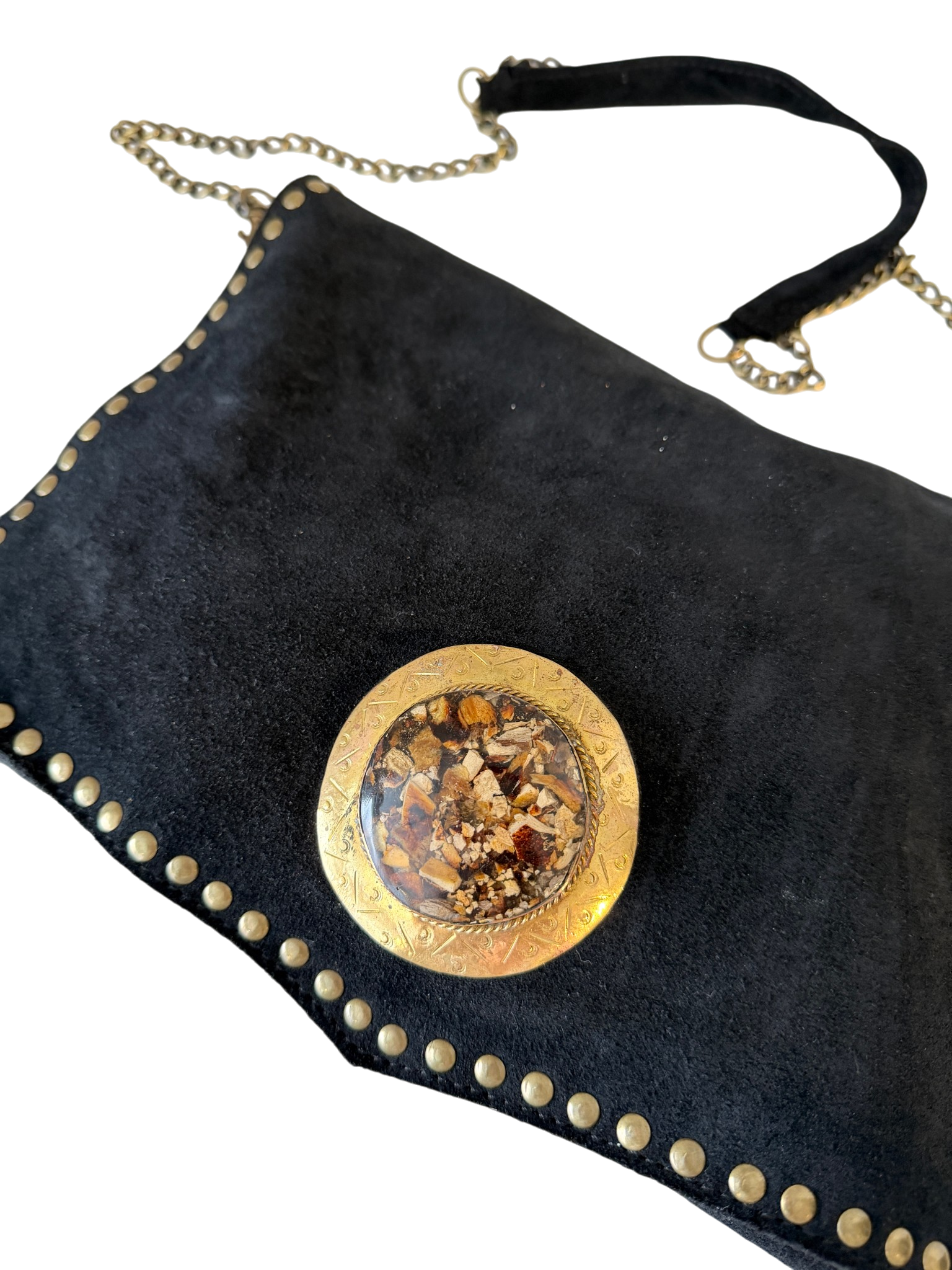 Black Suede Messenger Bag with Brass Studs and Dendritic Jasper Medallion
