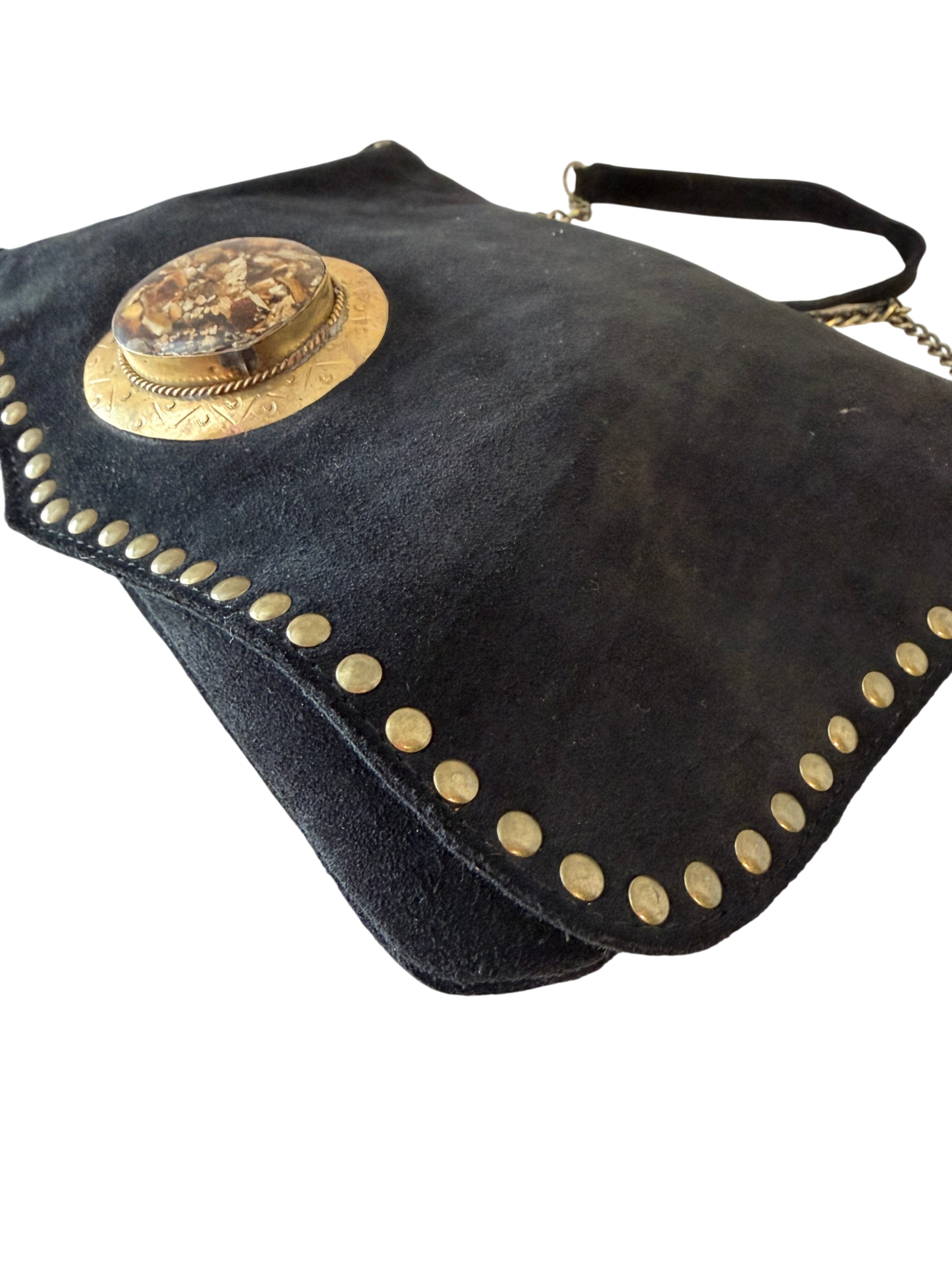 Black Suede Messenger Bag with Brass Studs and Dendritic Jasper Medallion