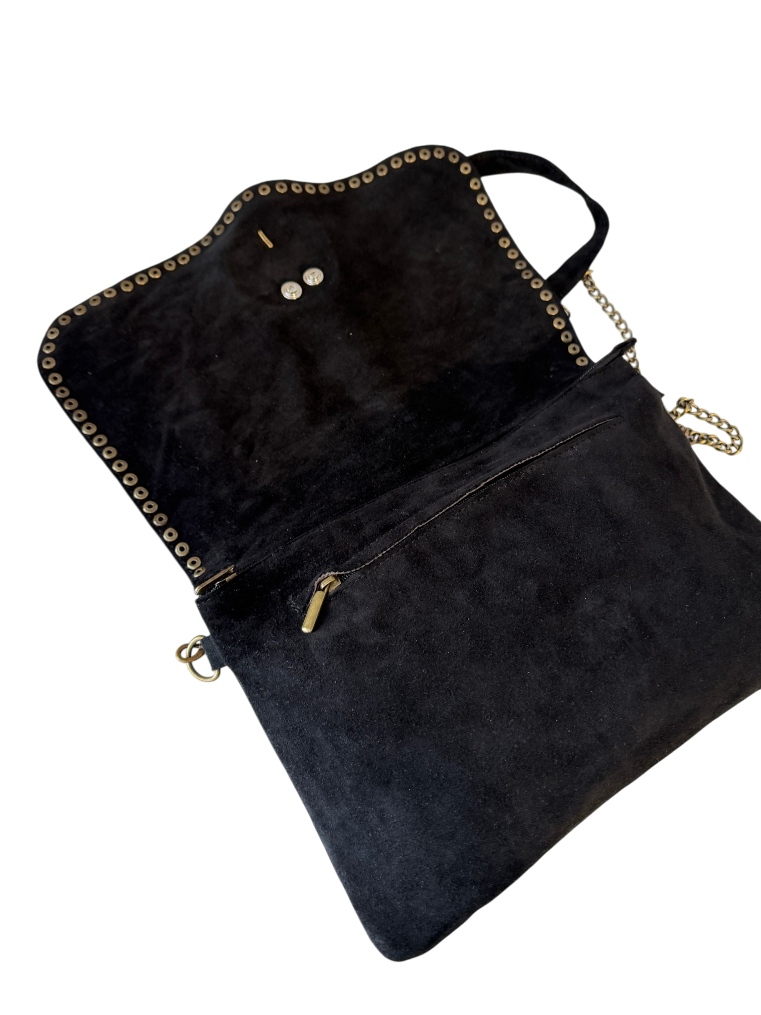 Black Suede Messenger Bag with Brass Studs and Dendritic Jasper Medallion