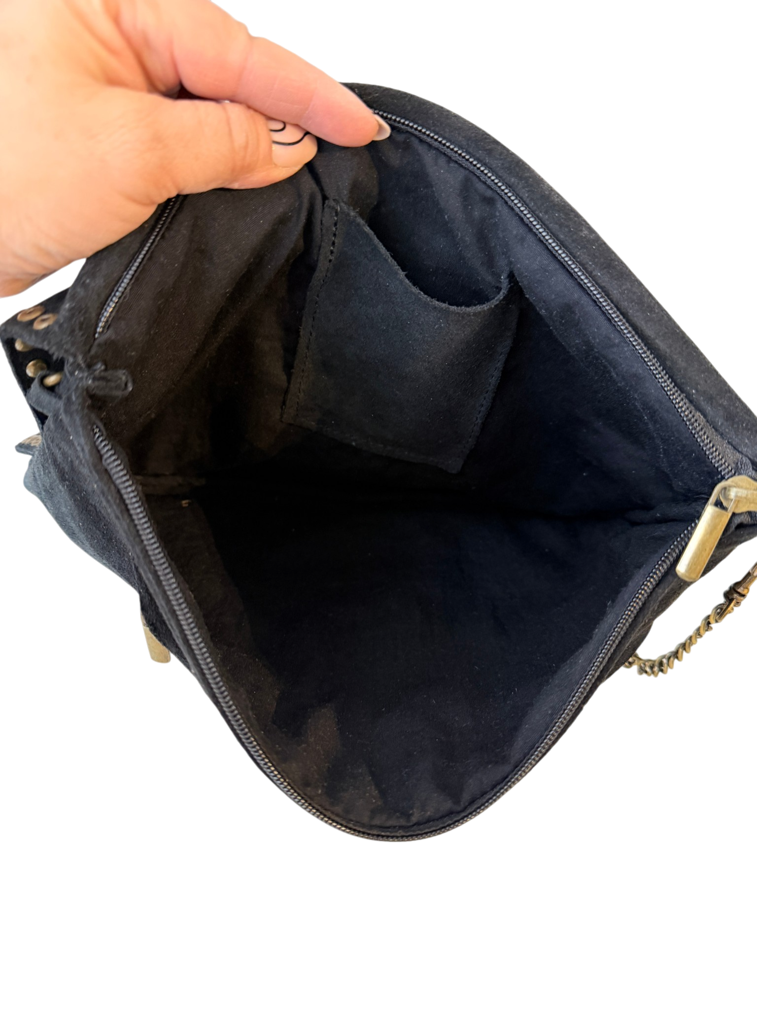 Black Suede Messenger Bag with Brass Studs and Dendritic Jasper Medallion