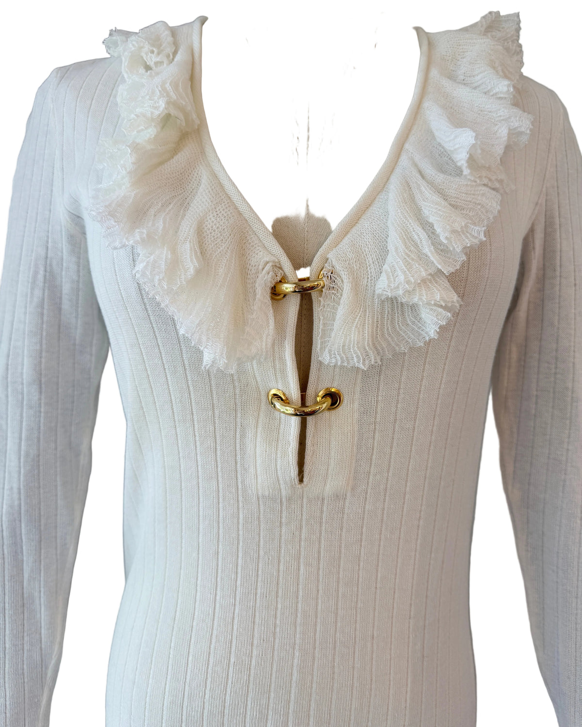 1970s Ivory Ribbed Cotton Knit Sweater with Ruffle Neckline & Gold-Tone Hinged Hoop Details