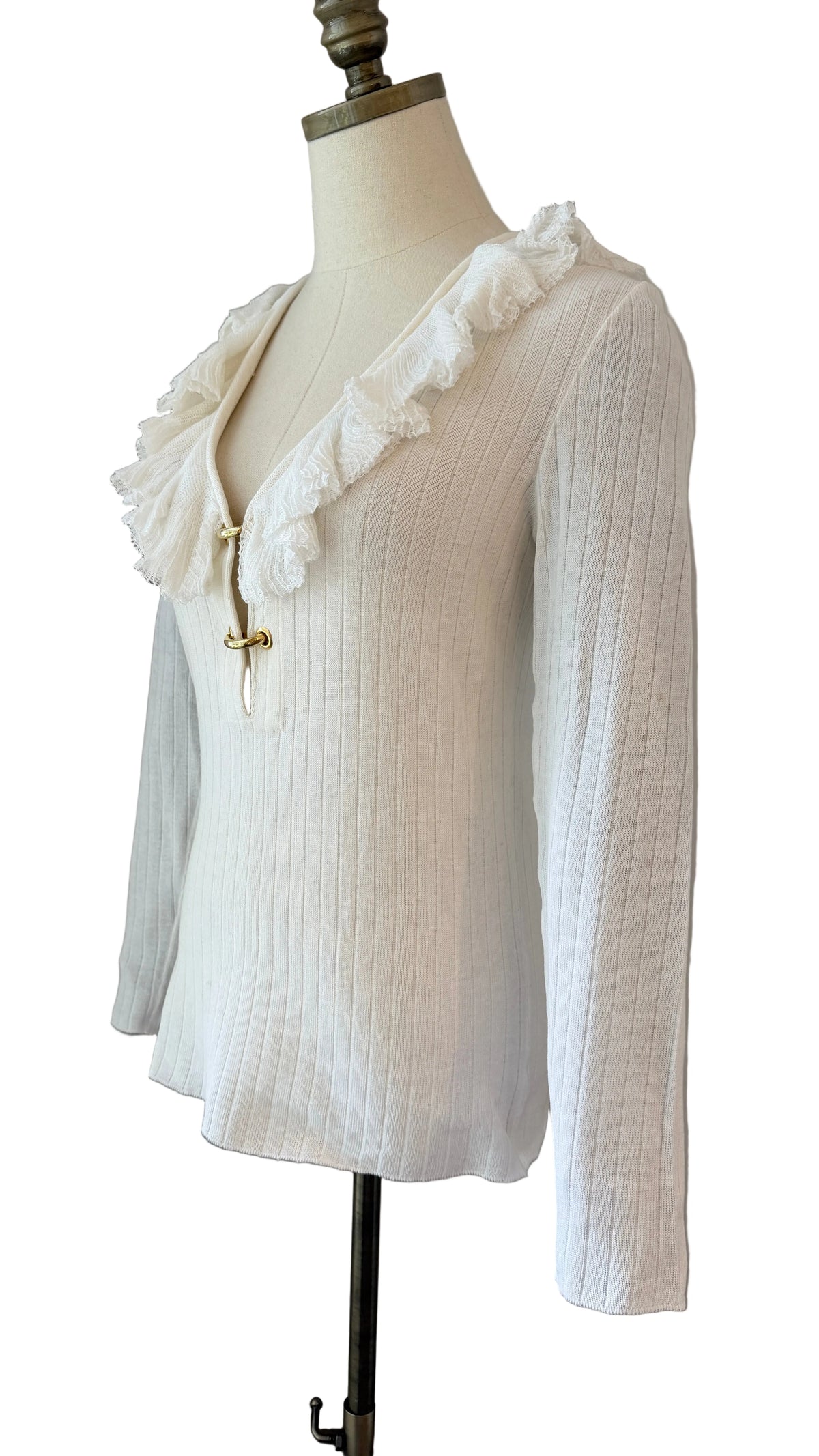 1970s Ivory Ribbed Cotton Knit Sweater with Ruffle Neckline & Gold-Tone Hinged Hoop Details